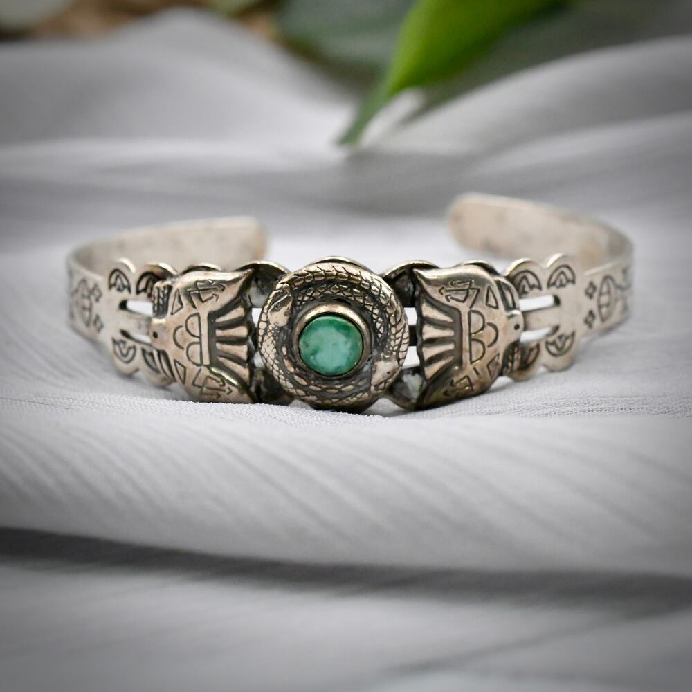 Vtg Fred Harvey Navajo Sterling Silver Turquoise Stamped Cuff Bracelet 15g